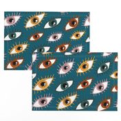 eyes limited palette, large scale, teal green blue yellow red orange