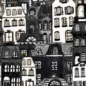 Mansard Village in Black + White Watercolor 