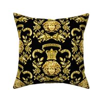 3 medusa gold flowers floral leaves leaf crown baroque victorian coat of arms clover heraldry crest black banners rococo royalty frames motto gorgons Greek Greece mythology   inspired   