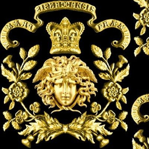 3 medusa gold flowers floral leaves leaf crown baroque victorian coat of arms clover heraldry crest black banners rococo royalty frames motto gorgons Greek Greece mythology   inspired   