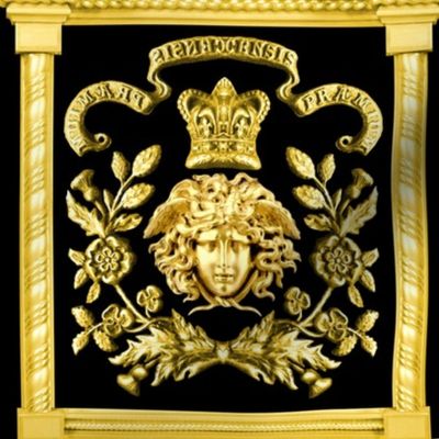 1 medusa gold flowers floral leaves leaf crown baroque victorian coat of arms clover heraldry crest  banners motto black royalty roman pillars rococo frames gorgons Greek Greece mythology   inspired 