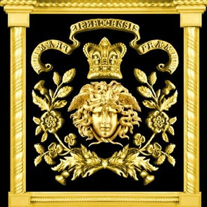 1 medusa gold flowers floral leaves leaf crown baroque victorian coat of arms clover heraldry crest  banners motto black royalty roman pillars rococo frames gorgons Greek Greece mythology   inspired 