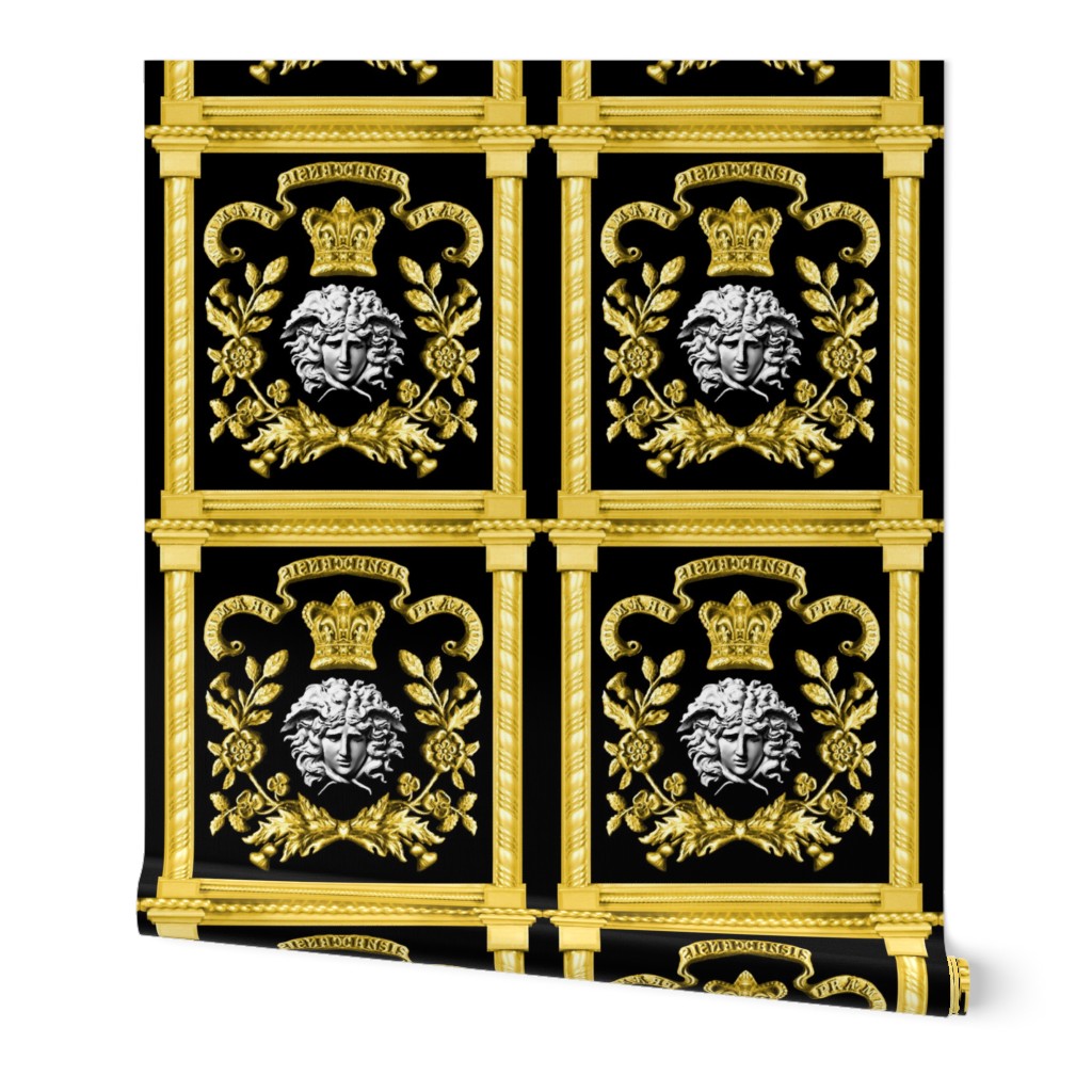 2 medusa gold white marble flowers floral leaves leaf crown baroque victorian coat of arms clover heraldry crest black royalty roman pillars banners motto rococo frames gorgons Greek Greece mythology   inspired