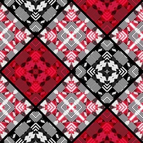 red-black-and-white patchwork square fabric scraps