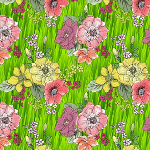Watercolor Flowers on Green Grass