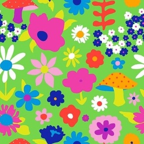 60's Country Mushroom Floral in Neon Green