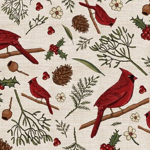 Cardinal christmas on linen