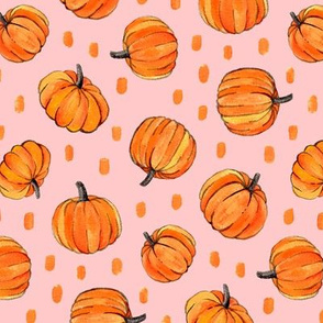 Little Pumpkins & Dots Painted in Orange Gouache on Millennial Pink