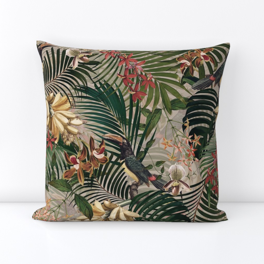 18" Tropical Night - Toucan in palm jungle with tropical flowers and bananas - sepia