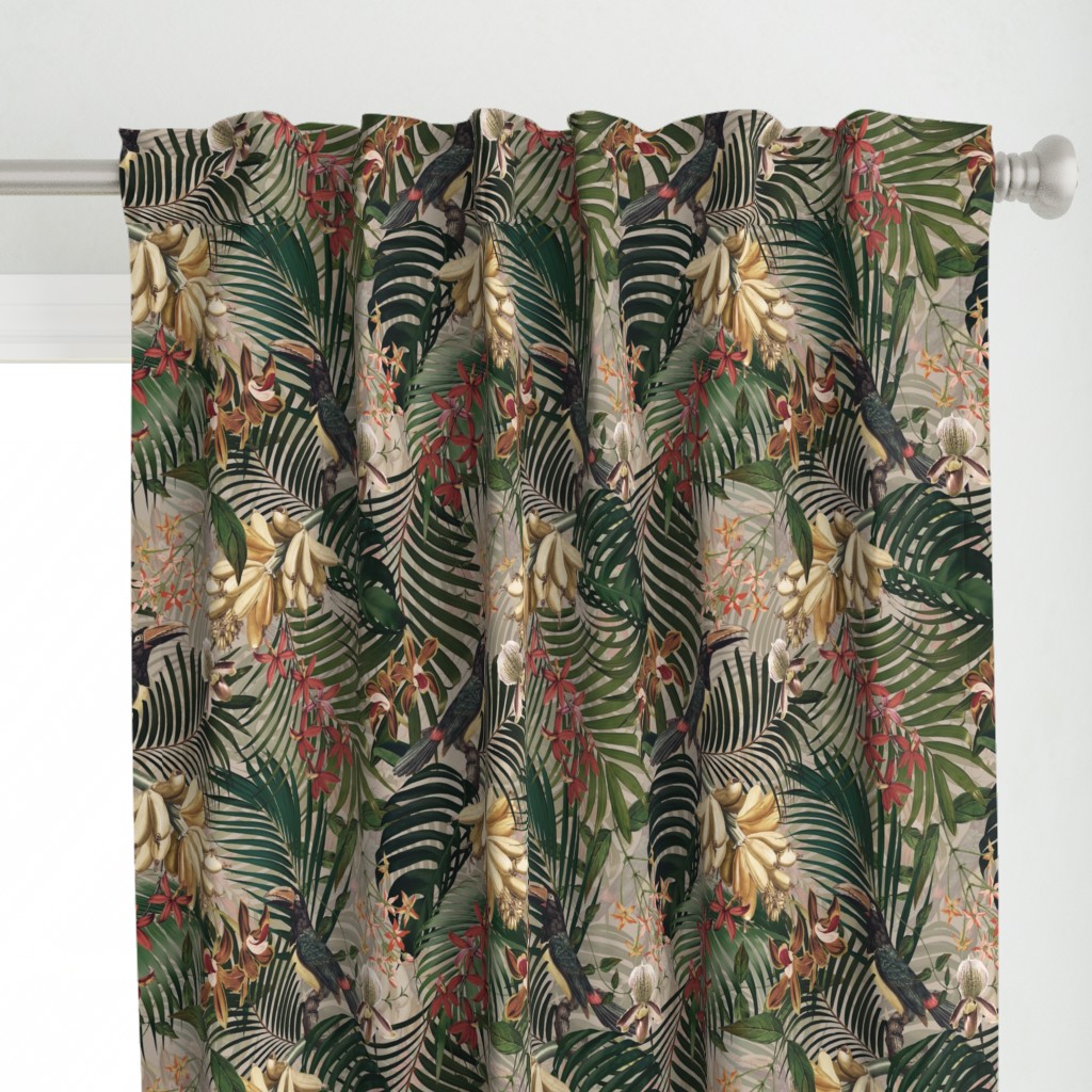 18" Tropical Night - Toucan in palm jungle with tropical flowers and bananas - sepia