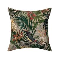 18" Tropical Night - Toucan in palm jungle with tropical flowers and bananas - sepia