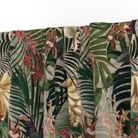 18" Tropical Night - Toucan in palm jungle with tropical flowers and bananas - sepia