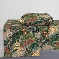 18" Tropical Night - Toucan in palm jungle with tropical flowers and bananas - sepia