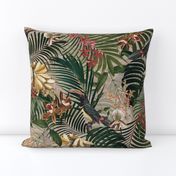 18" Tropical Night - Toucan in palm jungle with tropical flowers and bananas - sepia