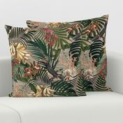 18" Tropical Night - Toucan in palm jungle with tropical flowers and bananas - sepia