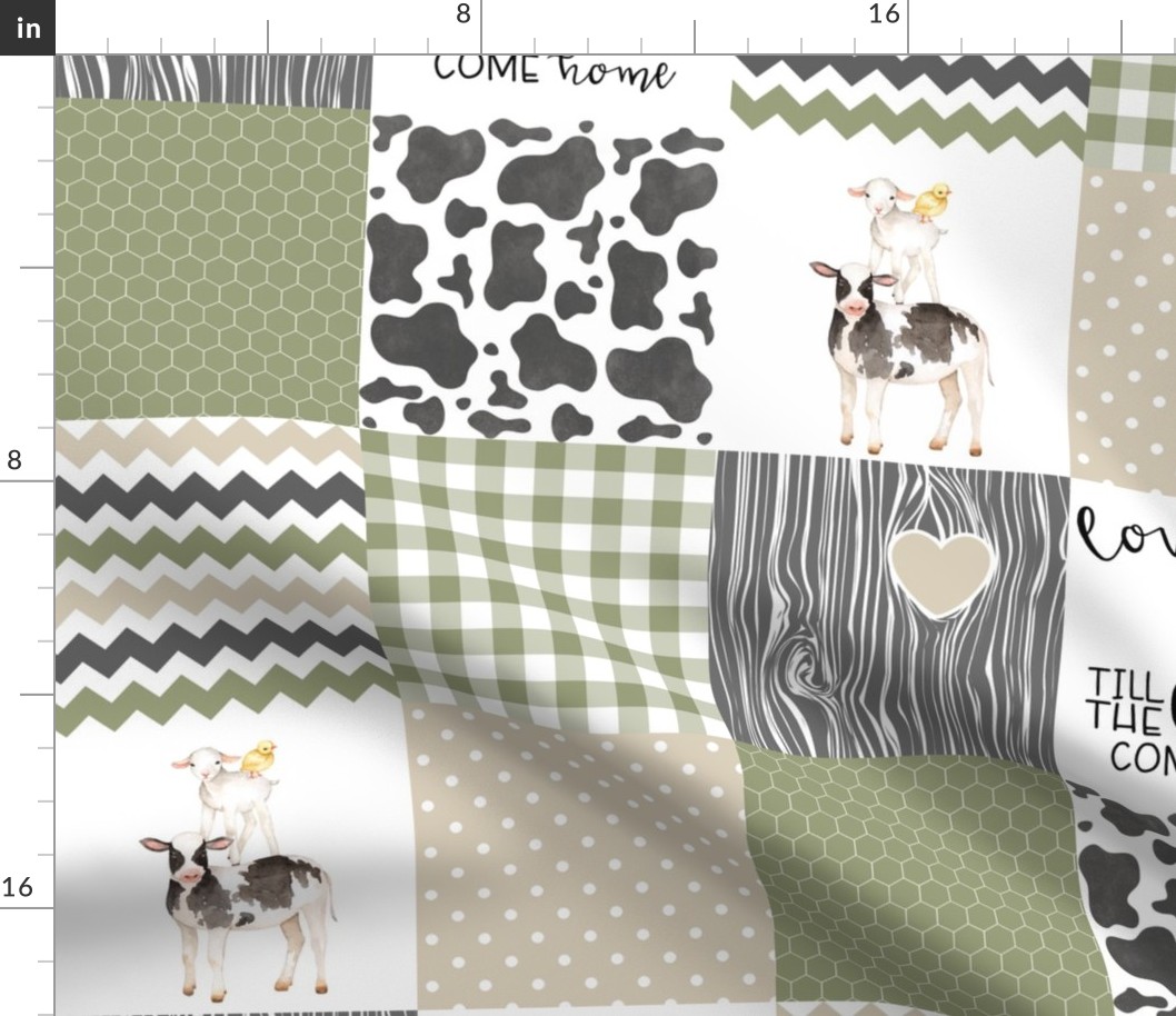 Farm//Love you till the cows come home//Ecru&Sage Green - Wholecloth Cheater Quilt