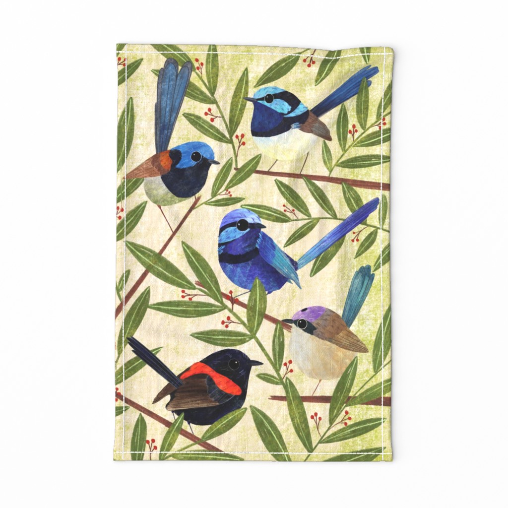 Fairy Wrens, hand painted colourful bird teatowel