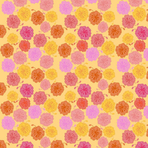 Hibiscus Hawaiian Flowers in Pinks and Corals on Yellow