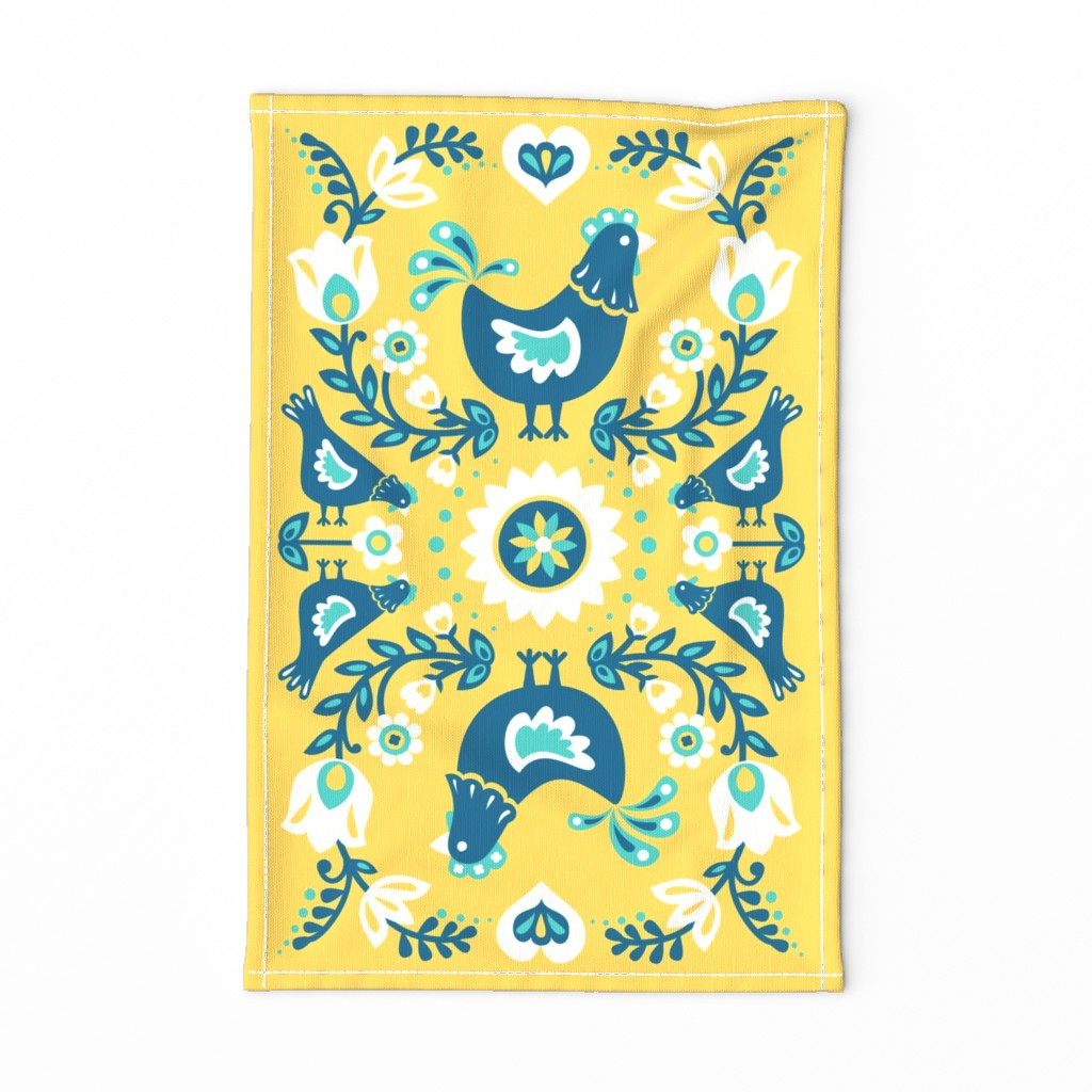 Blue Folk Chickens Tea Towel // yellow folk floral farm animal chickens scandinavian folk art kitchen decor fabric