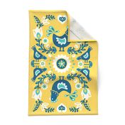 Blue Folk Chickens Tea Towel // yellow folk floral farm animal chickens scandinavian folk art kitchen decor fabric