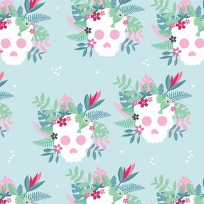 Colorful flowers and skulls sweet botanical leaves halloween pattern blue pink