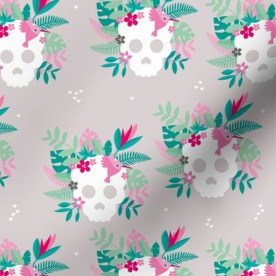 Colorful flowers and skulls sweet botanical leaves halloween pattern gray blue