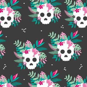 Colorful cranium flowers and skulls sweet botanical leaves halloween pattern charcoal pink green
