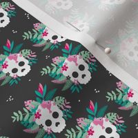 Colorful cranium flowers and skulls sweet botanical leaves halloween pattern charcoal pink green SMALL