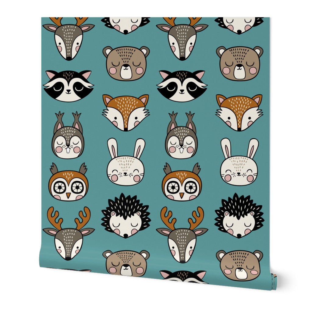 cute woodland animal heads - teal