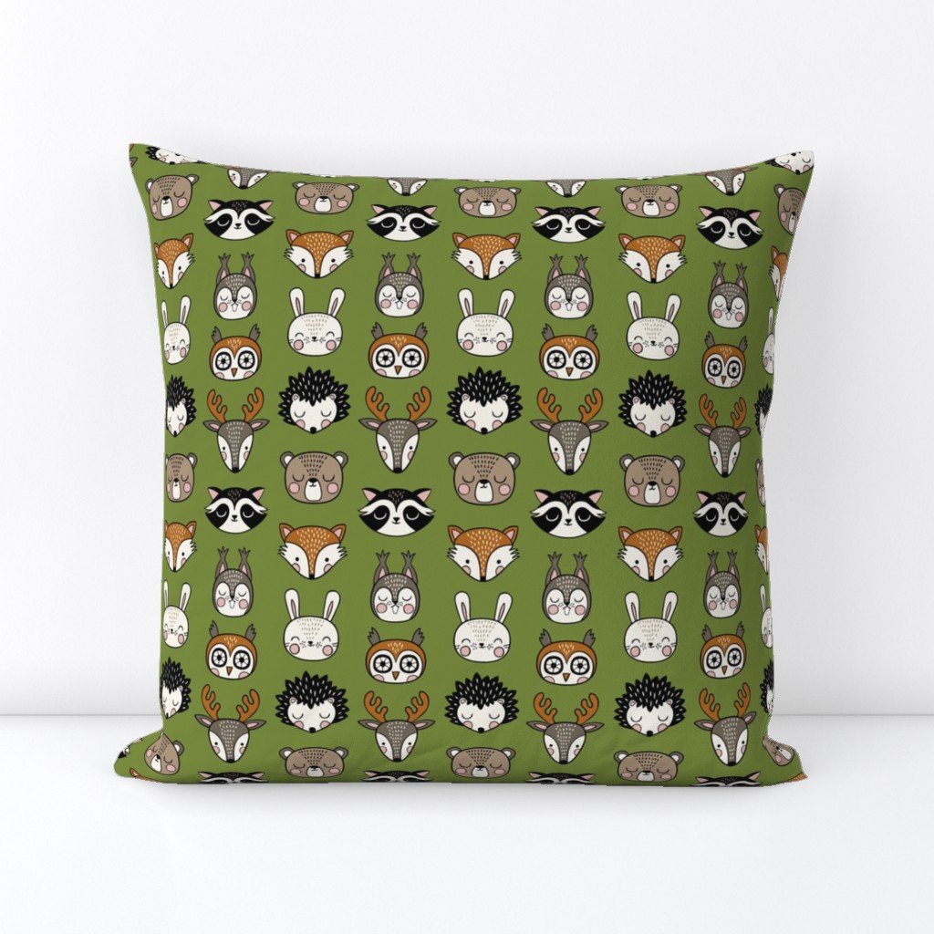 cute woodland animal heads -grass green