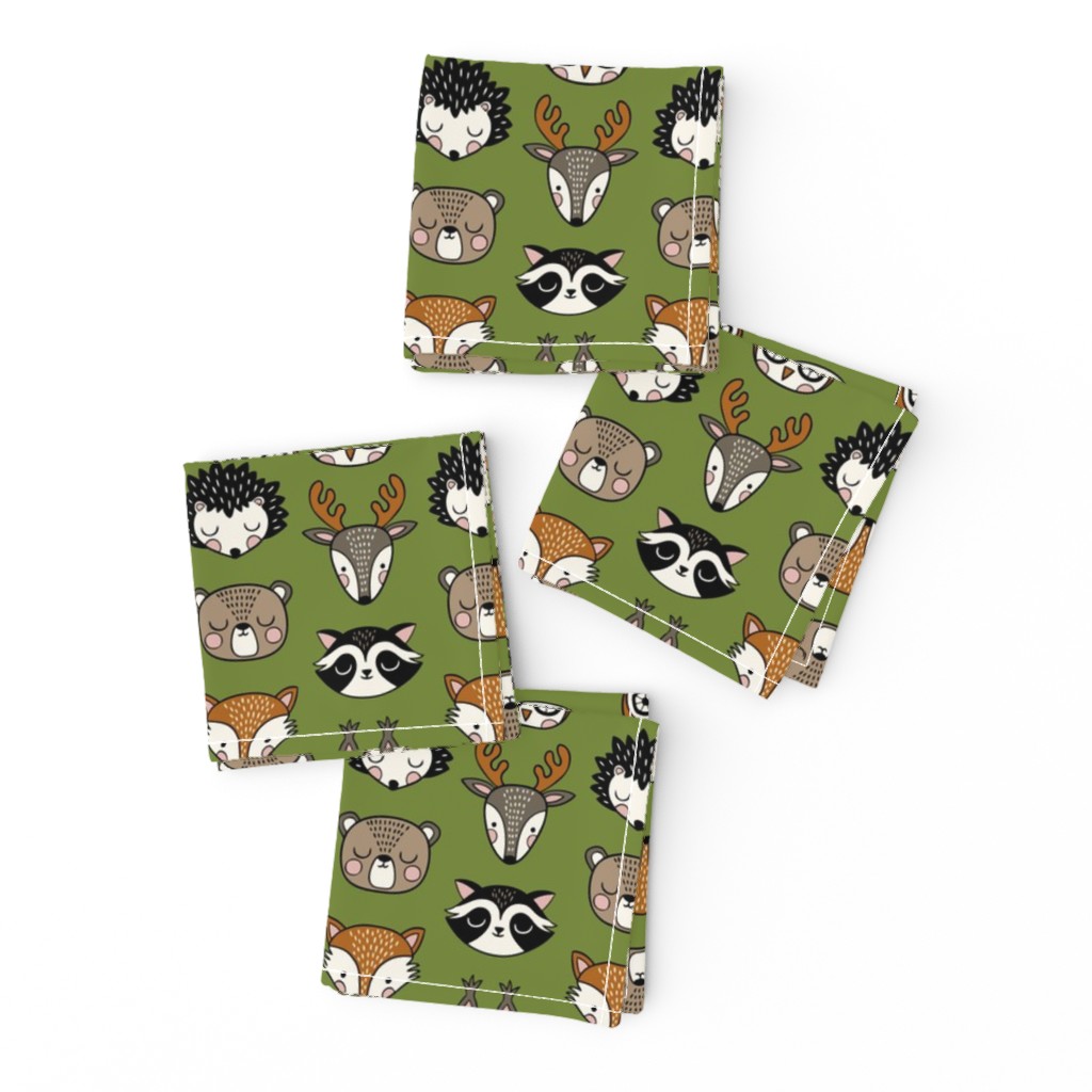 cute woodland animal heads -grass green