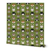 cute woodland animal heads -grass green