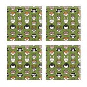 cute woodland animal heads -grass green