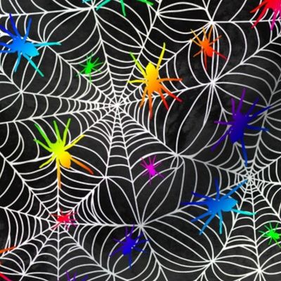 Spiderwebs - white on black - rainbow spiders