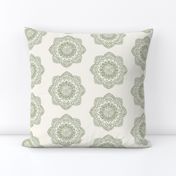 Small olive green medallion on cream offwhite ivory