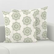 Small olive green medallion on cream offwhite ivory