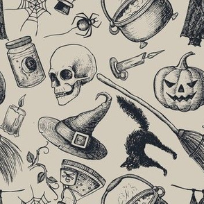 Halloween Vintage, Halloween Vintage Drawings of Witch Hat, Black Cat, Pumpkin, Broom, Trick or Treat