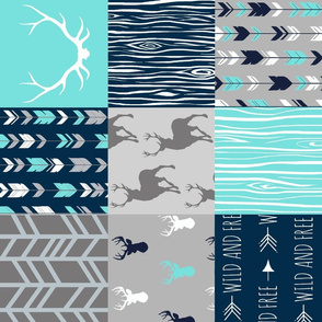  Patchwork Deer - aqua/Navy - Rotated