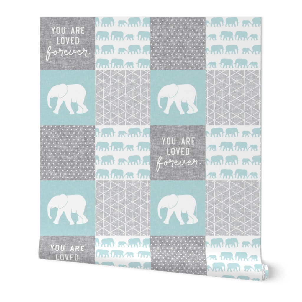 Elephant wholecloth - You are loved forever.  - blue