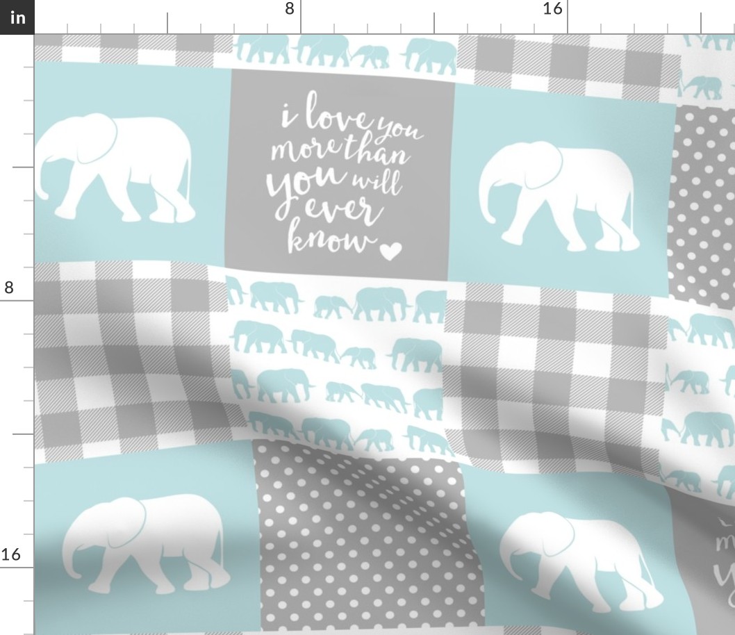 Elephant wholecloth - I love you more than you will ever know - patchwork - plaid - blue 