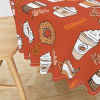 LARGE - pumpkin spice latte fabric coffee and donuts fall autumn traditions rust