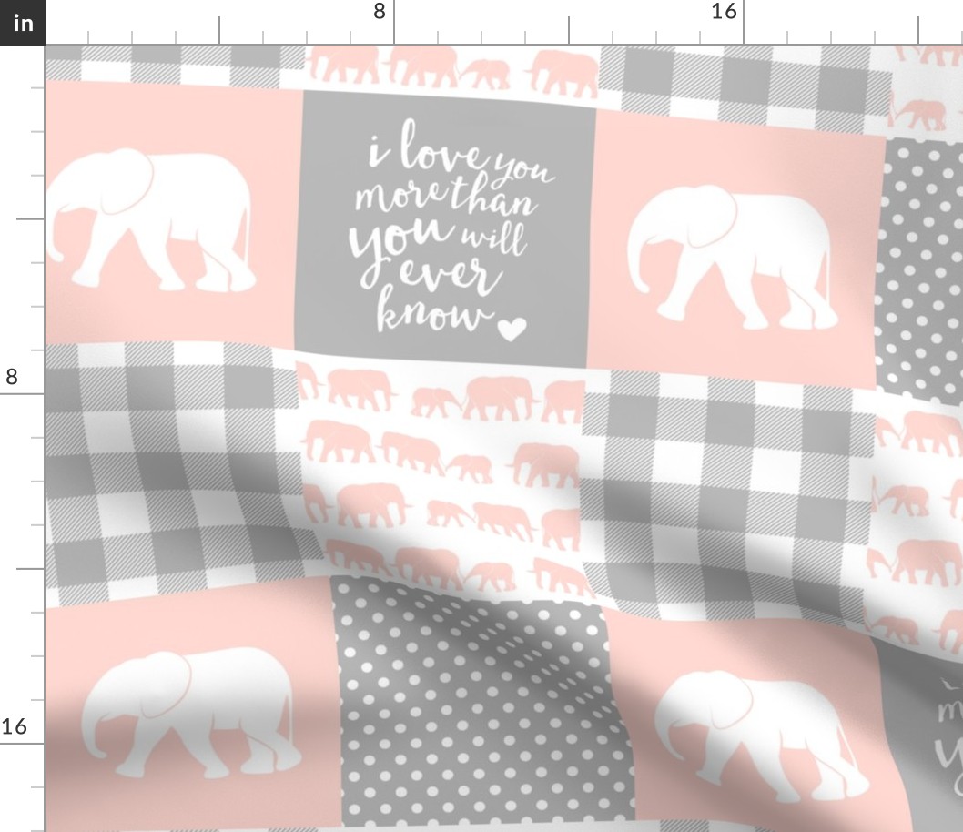 Elephant wholecloth - I love you more than you will ever know - patchwork - plaid - pink  