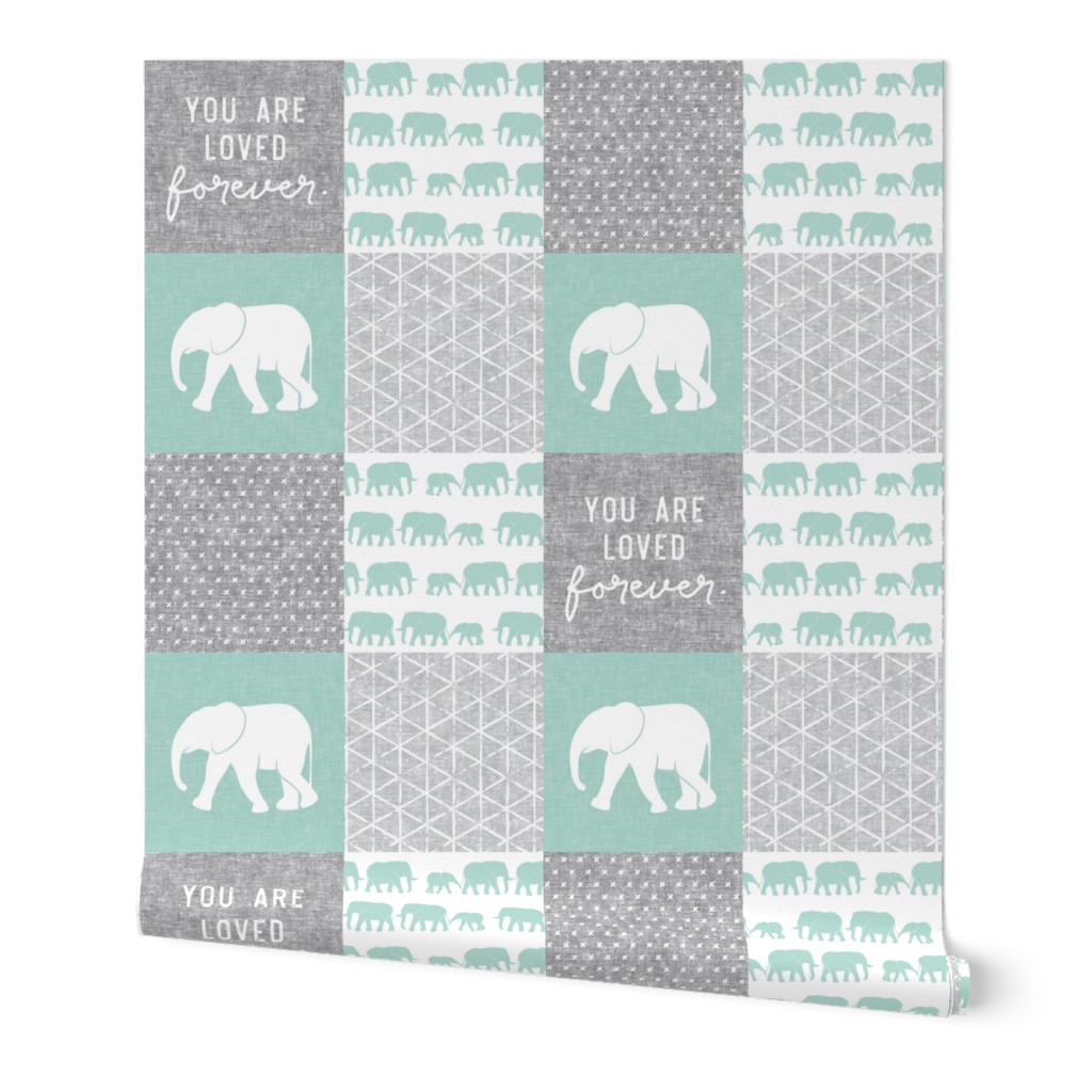 Elephant wholecloth - You are loved forever.  - mint