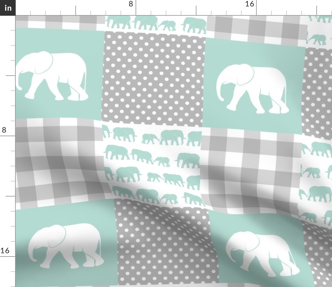 elephant wholecloth - plaid and polka dots - mint