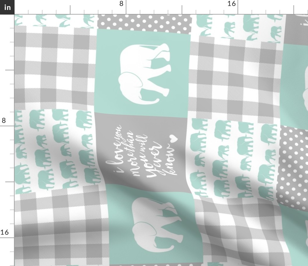 Elephant wholecloth - I love you more than you will ever know - patchwork - plaid - mint (90)