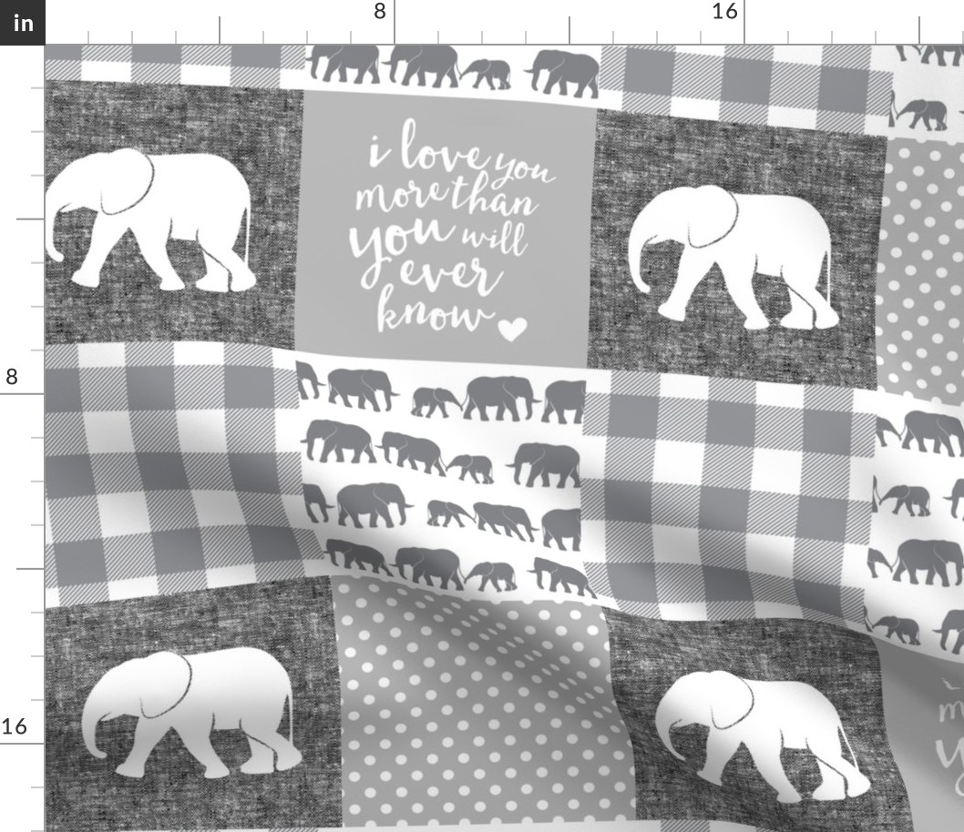 Elephant wholecloth - I love you more than you will ever know - patchwork - plaid - grey and white