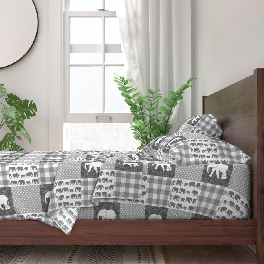 elephant wholecloth - plaid and polka dots - grey and white (90)