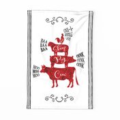 Farmhouse Animals Tea Towel ~ White Red