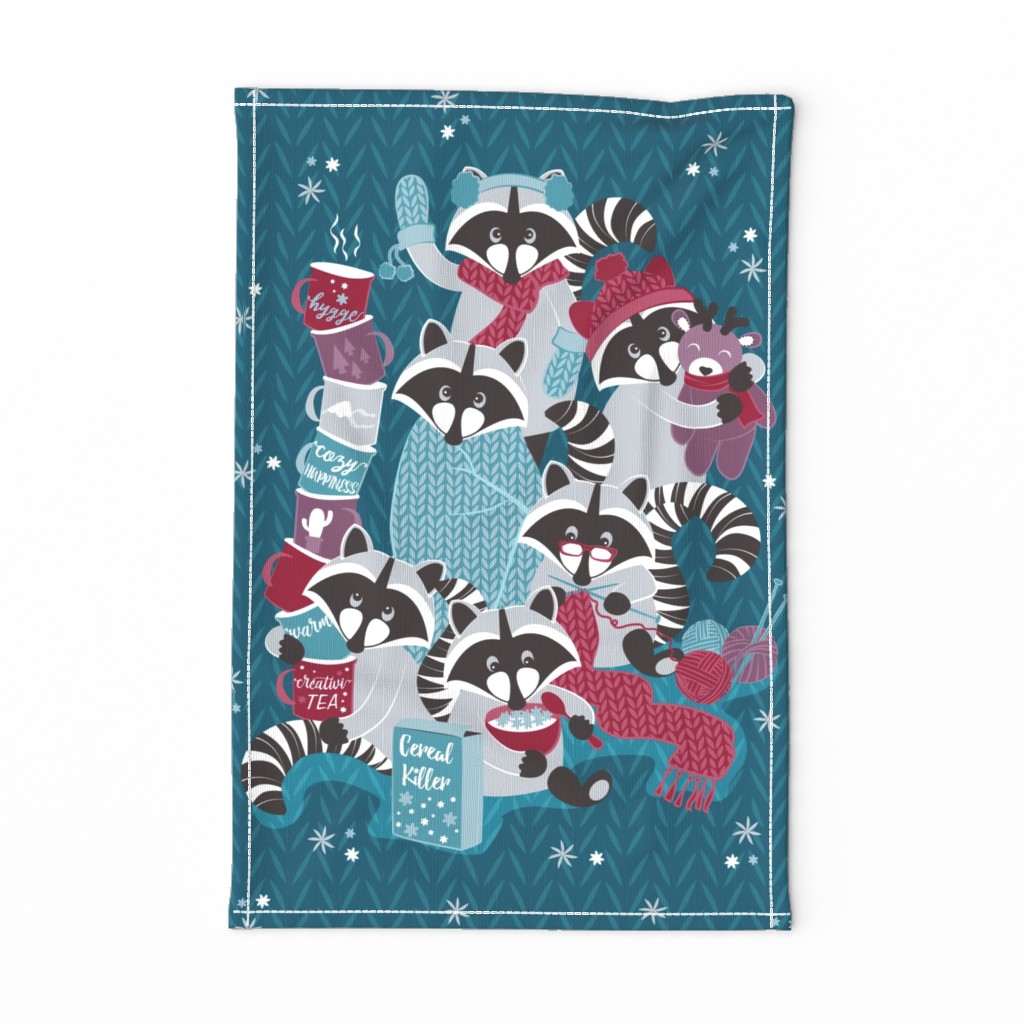 Raccoon Family Reunion V tea towel // blue turquoise background