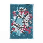 Raccoon Family Reunion V tea towel // blue turquoise background